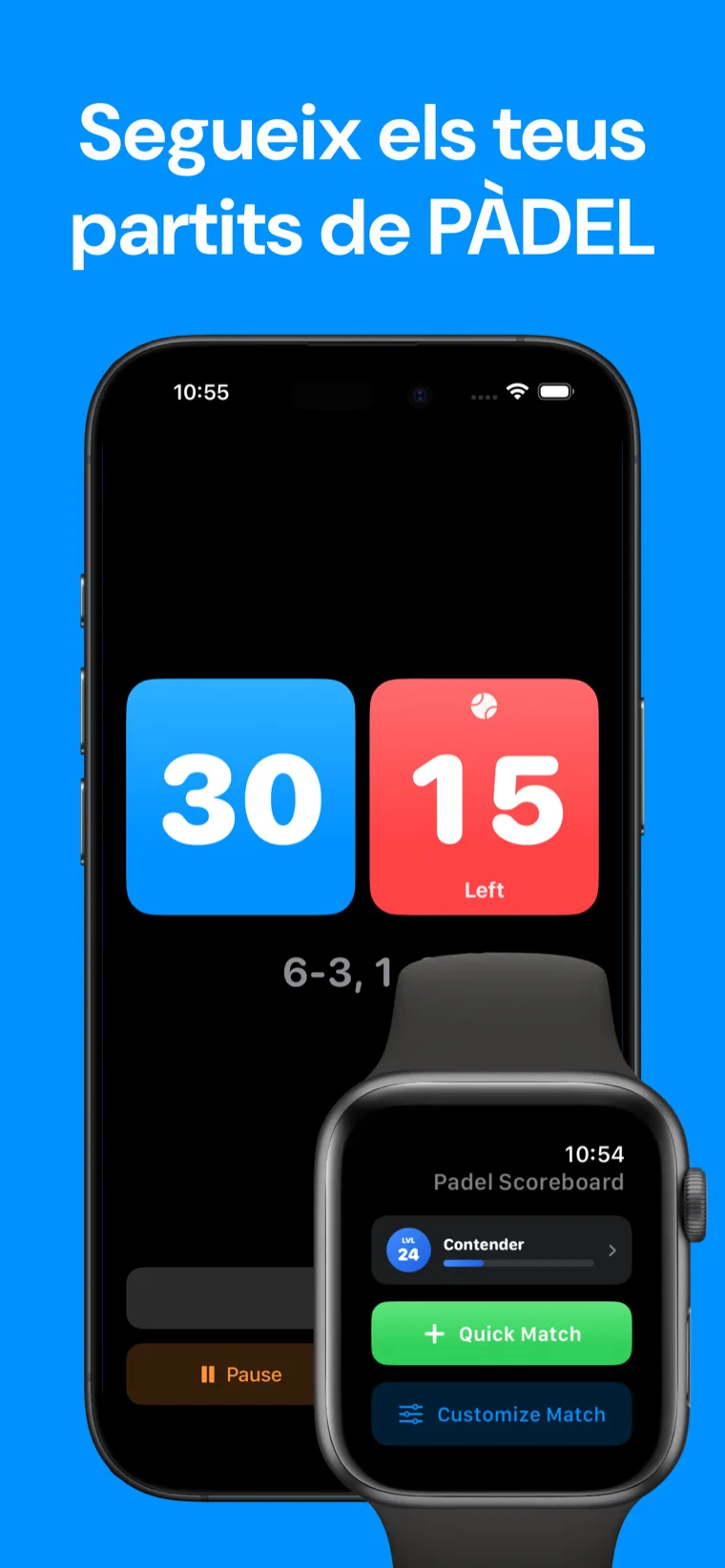 Segueix els teus partits de PÀDEL — Pàdel Marcador a l'iPhone amb l'historial de partits, i un joc en curs a 40-30 a l'Apple Watch