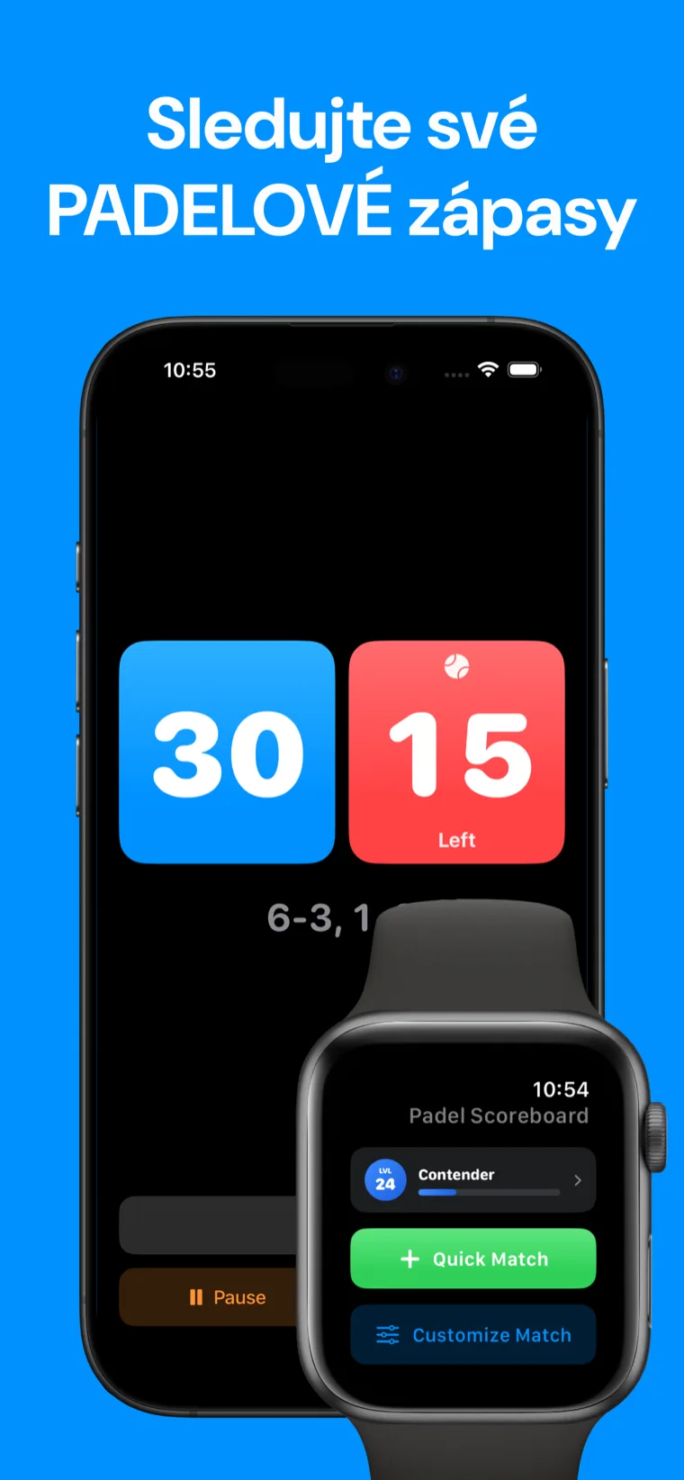 Sledujte své PADELOVÉ zápasy — Padel Skóre na iPhonu s historií zápasů a probíhající hrou 40-30 na Apple Watch