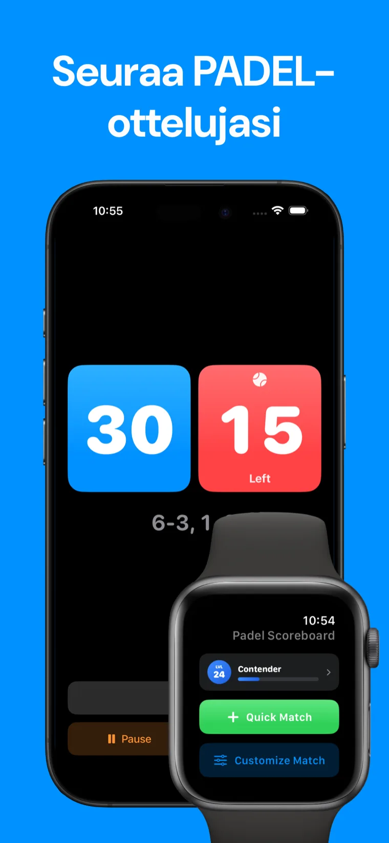 Seuraa PADEL-ottelujasi — Padel Pistetaulu iPhonessa näyttämässä ottelu­historiaa ja käynnissä oleva pelitilanne 40-30 Apple Watchissa
