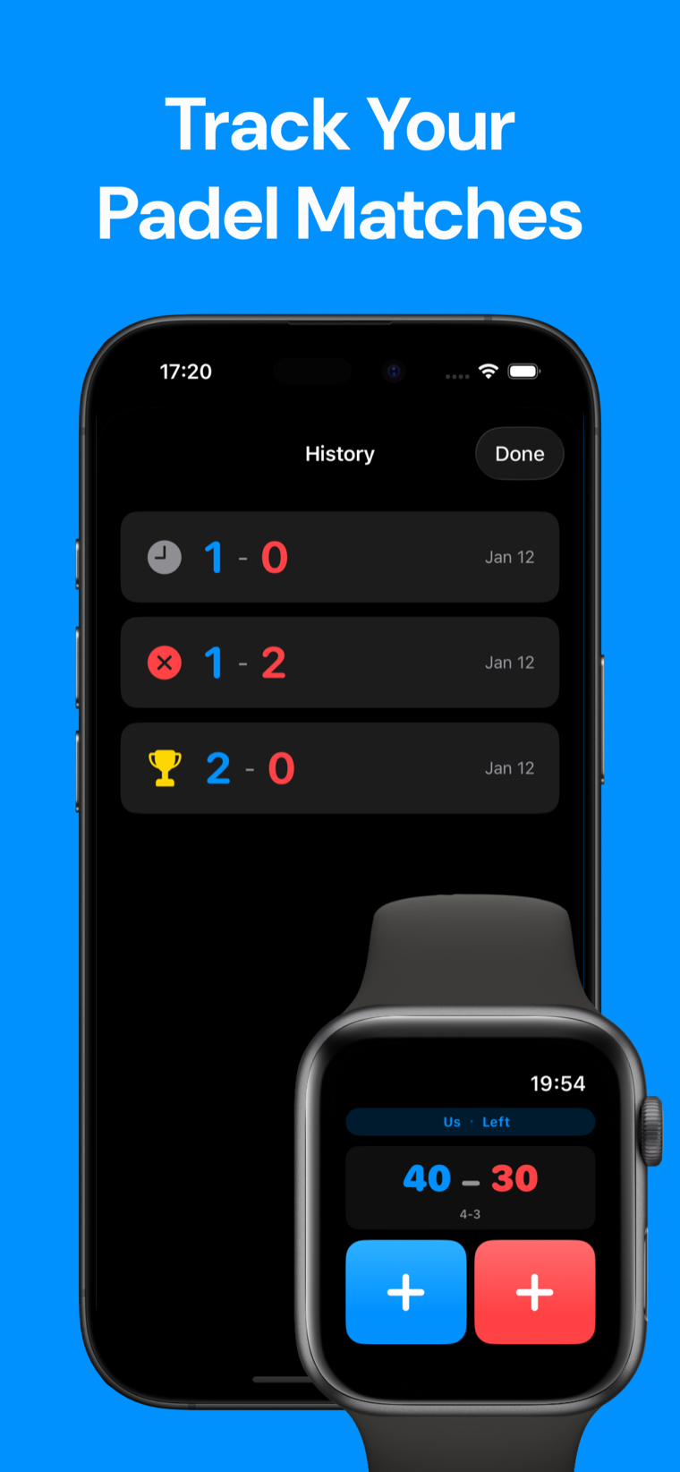 Track your padel matches — Padel Scoreboard on iPhone showing match history, with a live 40–30 game score on Apple Watch