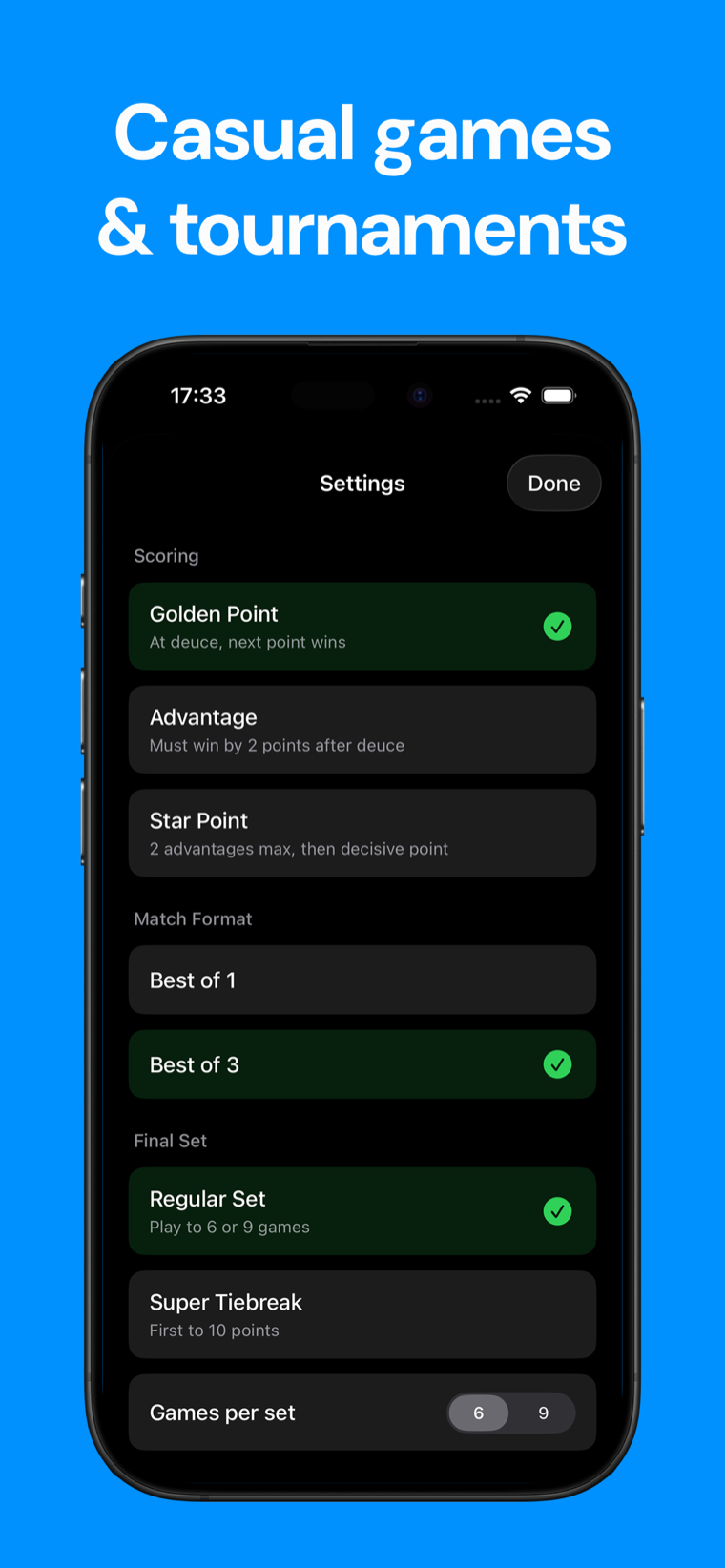 Casual games & tournaments — Padel Scoreboard settings showing Golden Point, Advantage and Star Point scoring, Best of 1 or 3, and final-set options