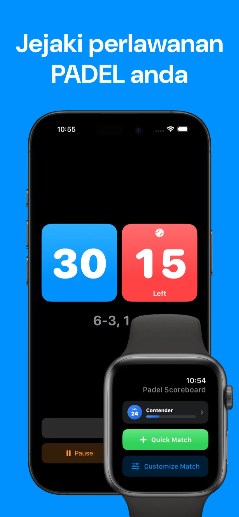 Jejaki perlawanan PADEL anda — Padel Skor pada iPhone memaparkan sejarah perlawanan, dengan skor permainan 40-30 secara langsung pada Apple Watch